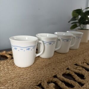 4 VTG Corelle Morning Blue White w/ Floral 3.5" Coffee Mugs Cups Corning Exc